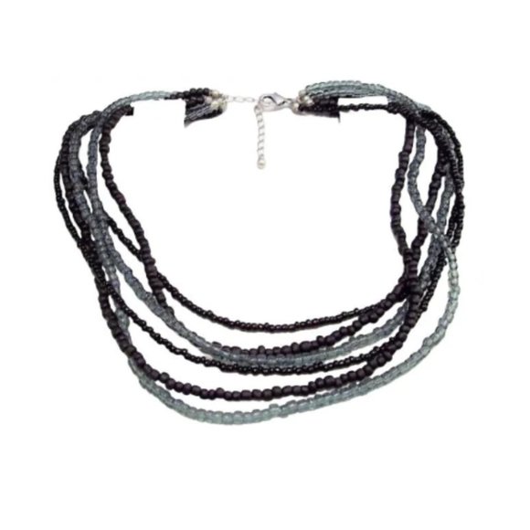 Black Grey Necklace Silver Tone Vintage Six Strand Seed Bead - Picture 2 of 5